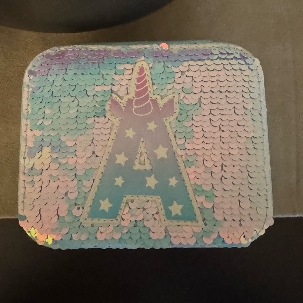 Justice Light Blue/Purple Unicorn Flippy Sequins Jewelry Box Personalized “A”